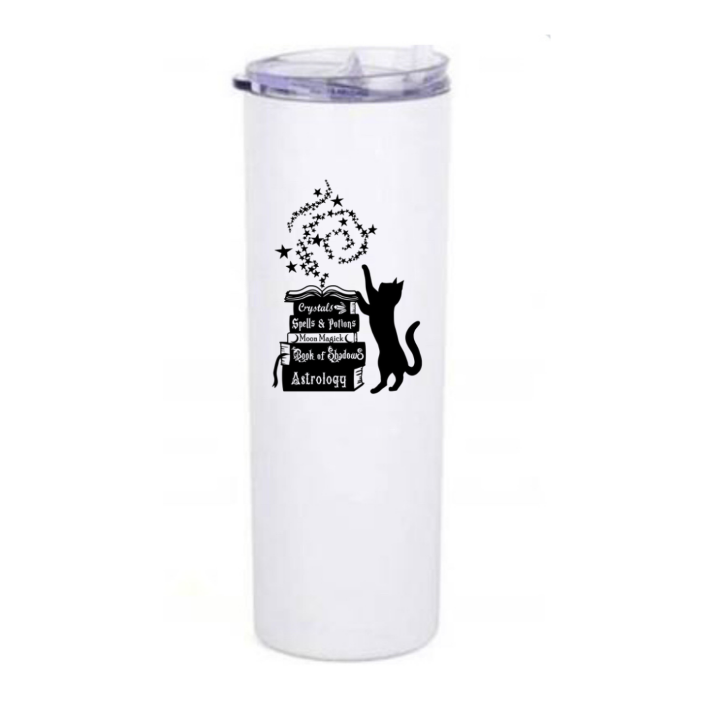 image of a cat and spell books on a withe tumbler