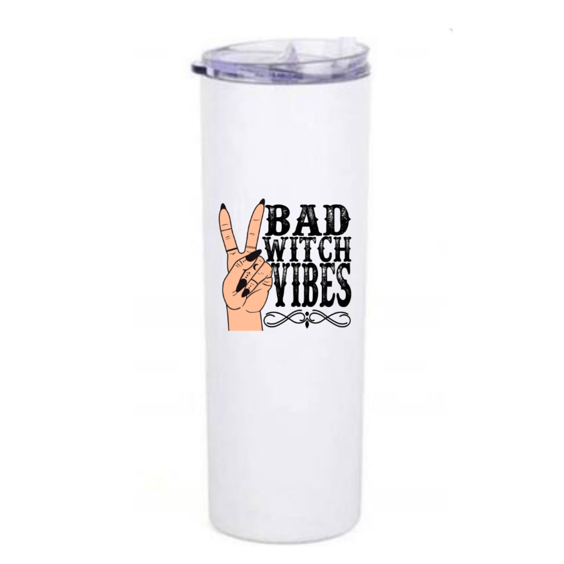 a white tumbler that says bad witch vibes