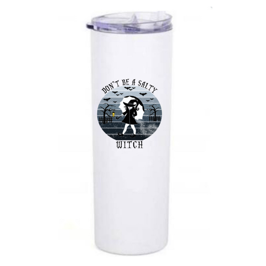 White tumbler with witchy themed design and text on a white background