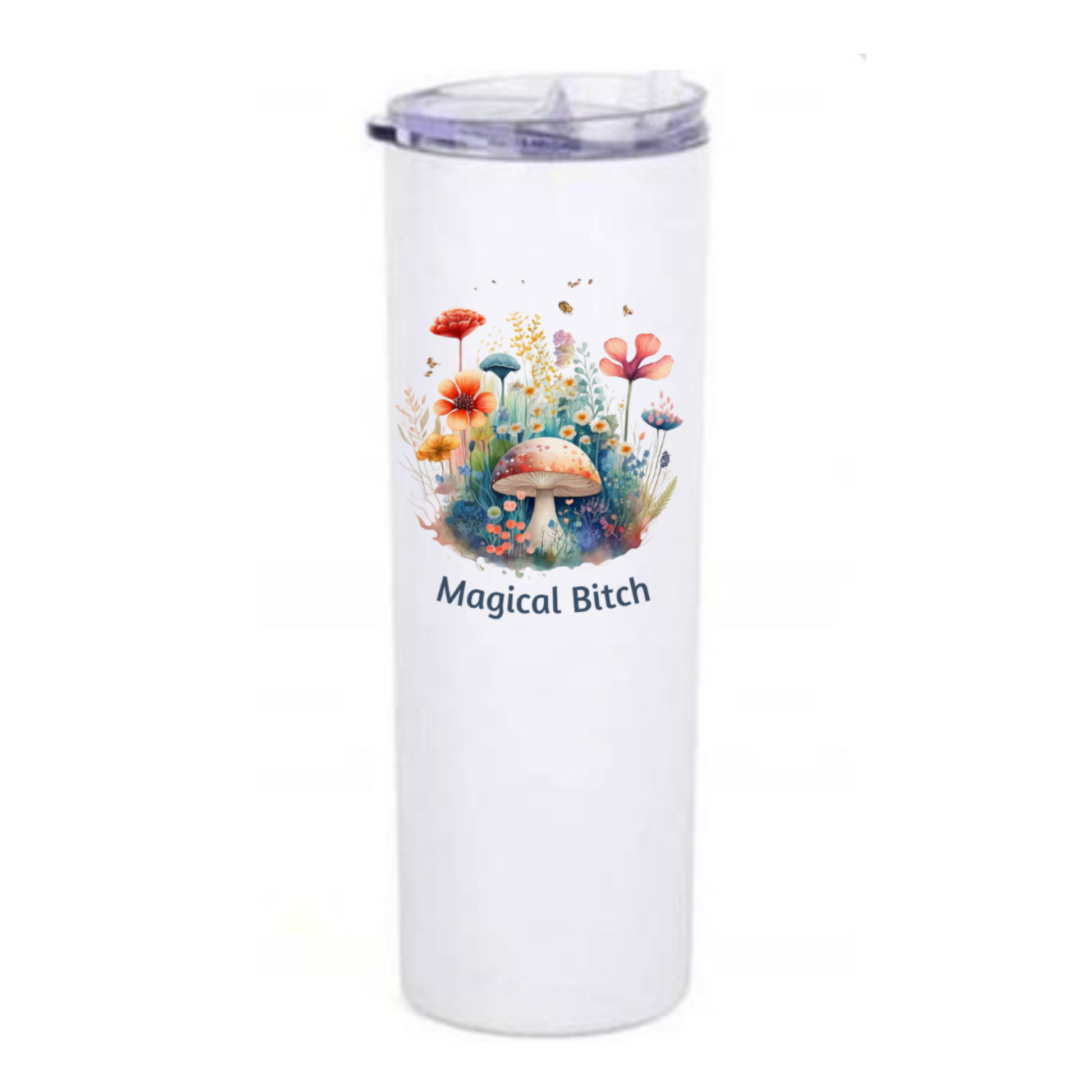 White tumbler with floral design and 'Magical Bitch' text on a white background