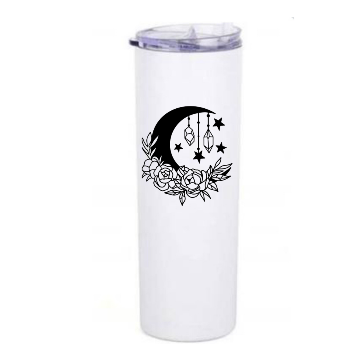White tumbler with black moon and star design on a white background