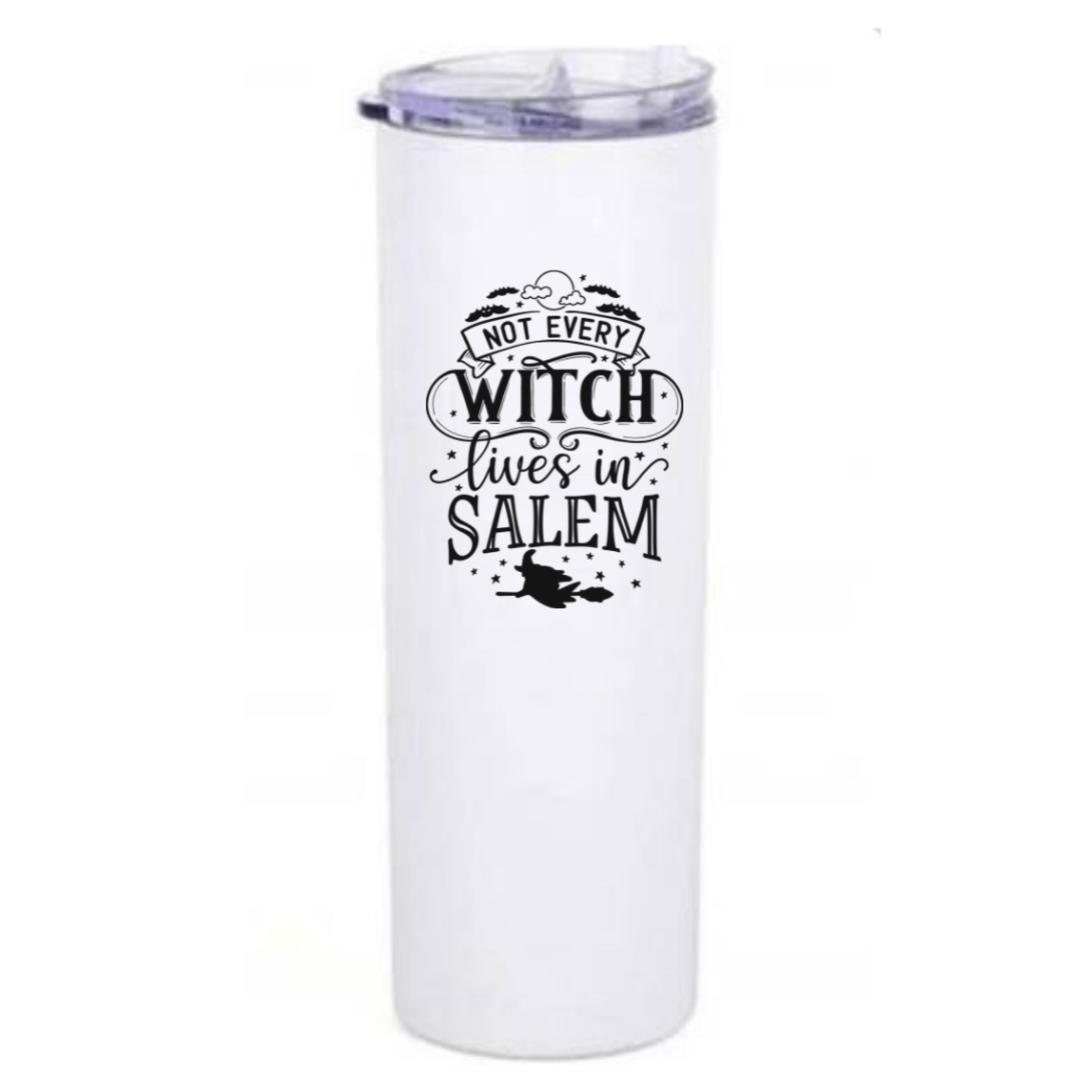 White tumbler with black text and design on a white background