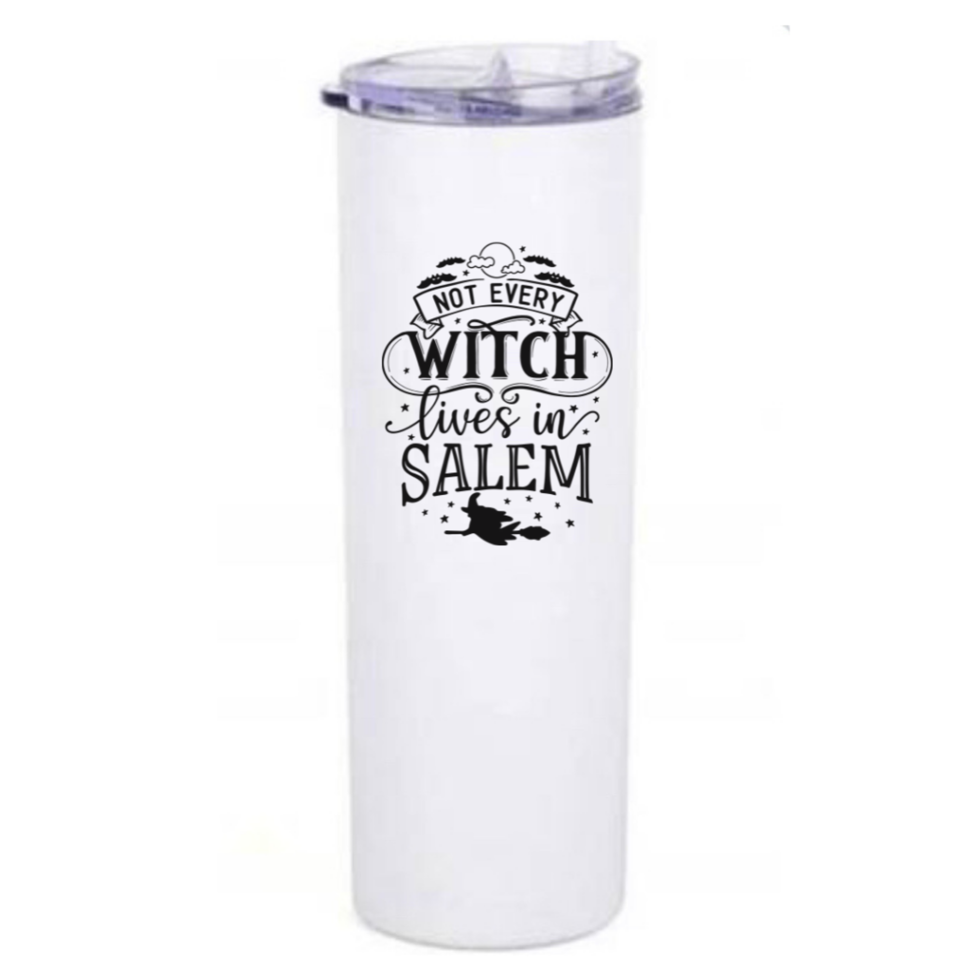 White tumbler with black text and design on a white background