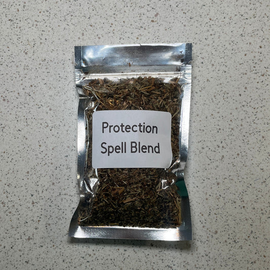 Packaged protection spell blend on a gray surface