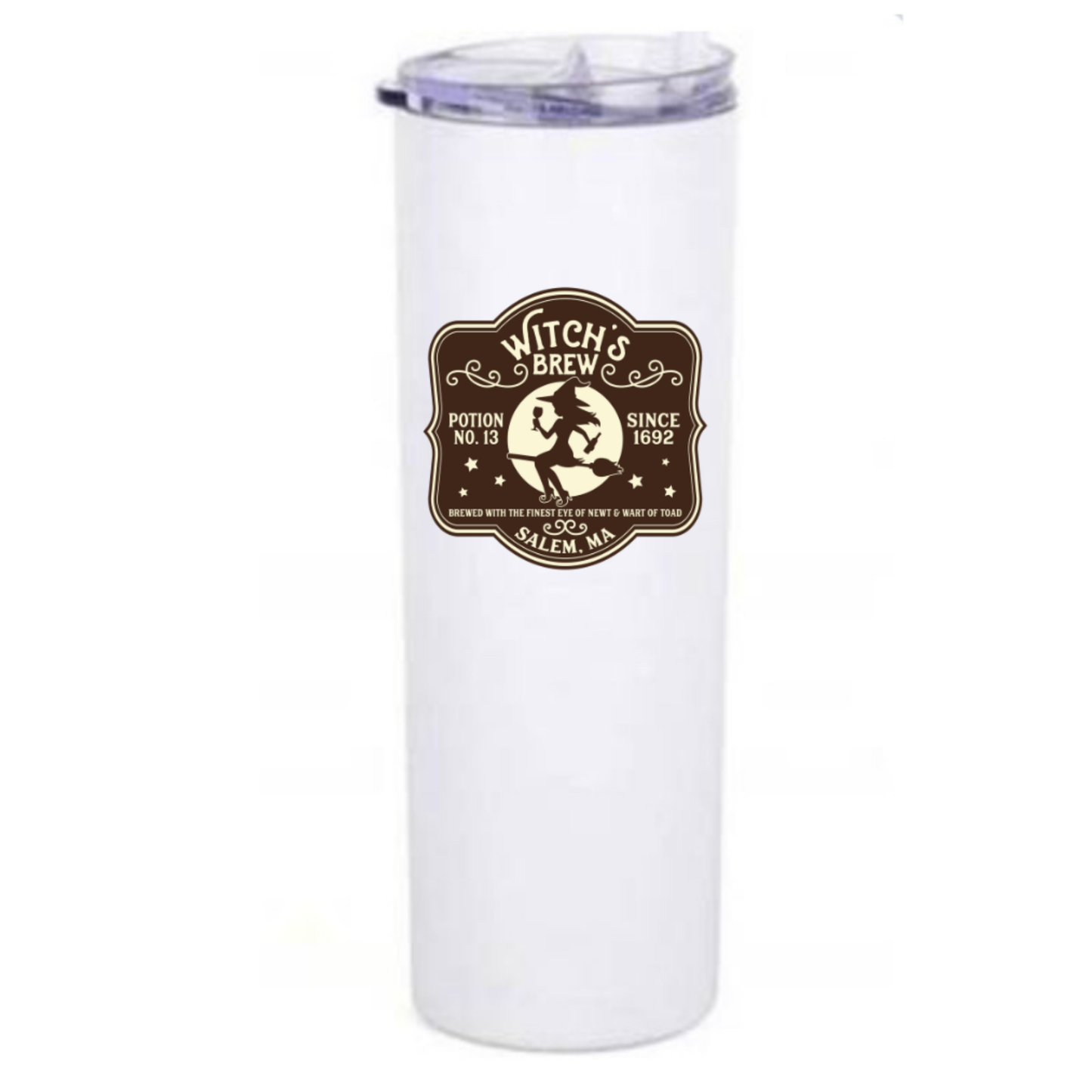 White tumbler with 'Witch's Brew' label on a white background